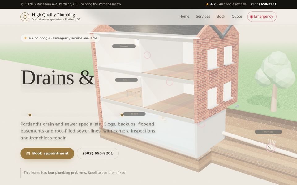 Plumbing website with a 3D house cutaway